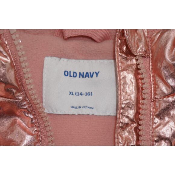 Old Navy Metallic Rose Gold Puffer Jacket Girls XL 14-16 GoWarm Hooded Coat - Picture 5 of 8